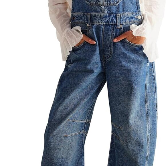 Denim Overalls for Women Barrel Wide Leg Bib Baggy Jeans Adjustable Denim Romper - Picture 1 of 5